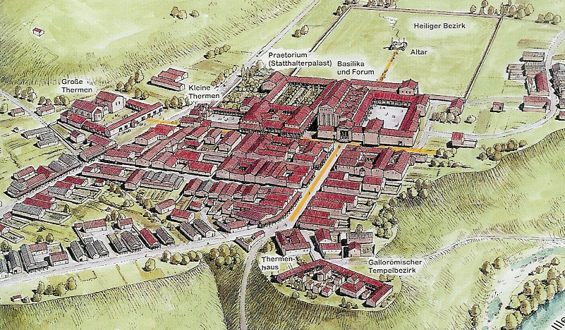 Cambodunum im 2.Jhdt n.Chr.; Markierung (gelb) kennzeichnet die beiden hauptstraßen-Achsen - die "decumanus"- und die "cardo"-Achse, die sich vor dem Propyon des Forums kreuzen.